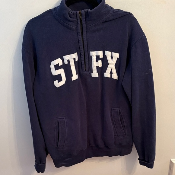 Vintage Sweaters - Vintage Navy Half-Zip Sweater with White ST FX Lettering